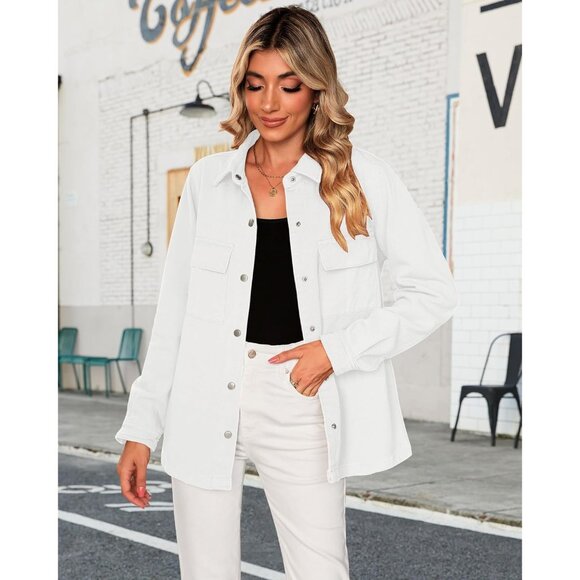 Women's Cotton Denim Jacket Oversized Button-Front Pockets Casual Fall - Picture 2 of 8